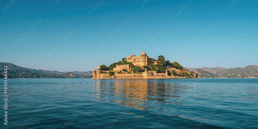 Fototapeta premium Ancient Jal Mahal situated on the lake, highlighting heritage and architectural significance