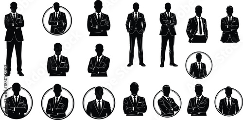 Businessmen Silhouette Set Vector, Professionals with Suits, Business Logo Elements, Round Frames and Various Poses