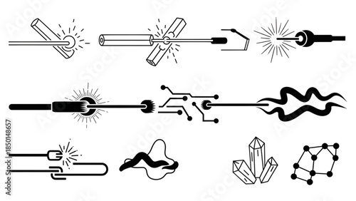 Welding, spark, circuit, and crystal line art icons
