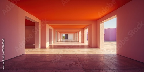 A residence with a notable orange hallway showcasing light and shadow interplay, highlighting architectural style