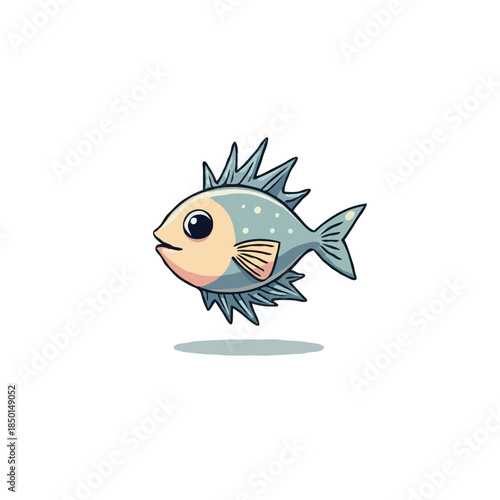 Whimsical Aquatic Creature: A Spiky Finned Fish Cartoon Illustration on a Clean White Canvas