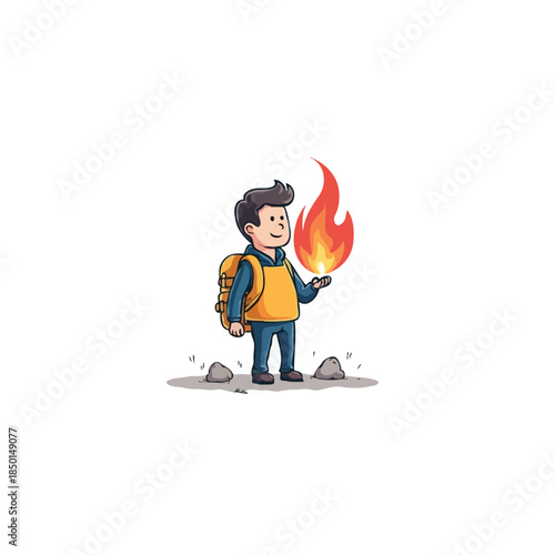 The whimsical adventurer boy holds a fiery flame on his palm during outdoor exploration escapade