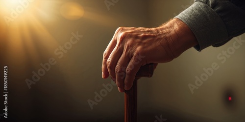 Close-up of elderly man's hands on a cane, highlighting mobility assistance, International Day for Older Persons