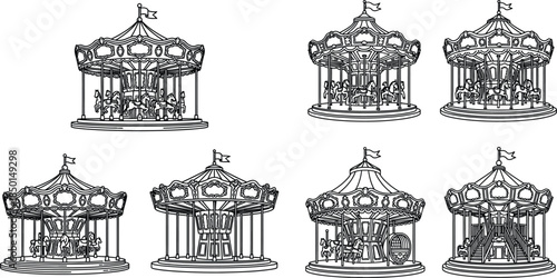 Carousel outline illustrations with horses and ornate details, isolated carnival merrygoround collection