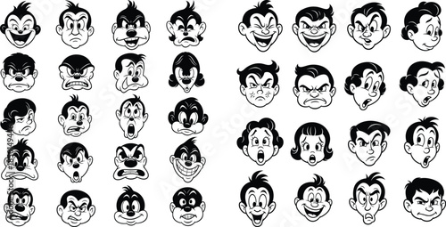 Cartoon character faces showing diverse emotions in vintage illustration style, seamless pattern repeat