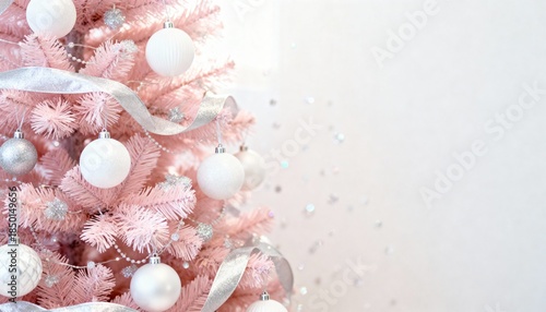 Pink Christmas tree decorated with white ornaments and silver ribbon. Festive holiday background with copy space for text