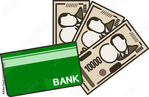 通帳とお金。銀行。貯金。新一万円札。紙幣。

