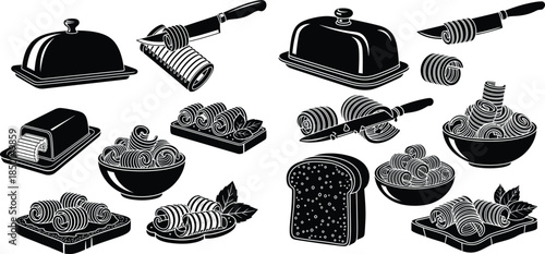 Butter curls monochrome set, including serving dishes and knife with rolled curl illustrations