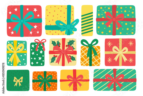 Christmas Gift Boxes Collection with Colorful Wrapped Presents, Ribbons and Festive Patterns in Bright Decorative Styles