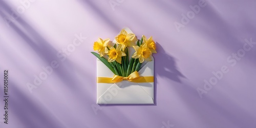 Daffodils in a paper envelope sealed with a yellow ribbon against a violet backdrop, ideal for botanical print material