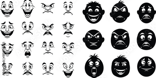 Cartoon face emotions collection, illustration of happy, sad, angry, and surprised facial expressions