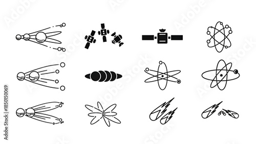 Spacecraft, satellites, and atomic icons set