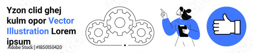 Workflow processes, teamwork, technology, management, approval systems, business concepts. Image shows three gears, a person holding a device and a thumbs-up icon. Workflow processes and teamwork