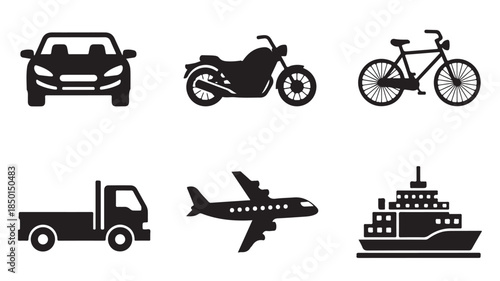 Vehicles Icons Set Including Car, Motorcycle, Bicycle and Truck, Airplane, Ship