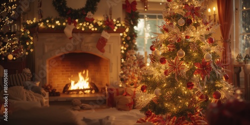 Wallpaper Mural Holiday decor featuring Christmas ornaments and a lit fireplace, emphasizing seasonal warmth and family bonding Torontodigital.ca