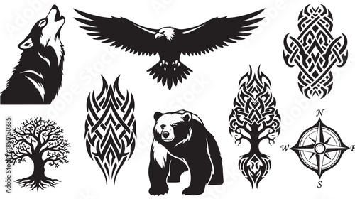 Black Silhouette Wolf, Eagle, Bear and Trees, Flames and Celtic Knot on White Background