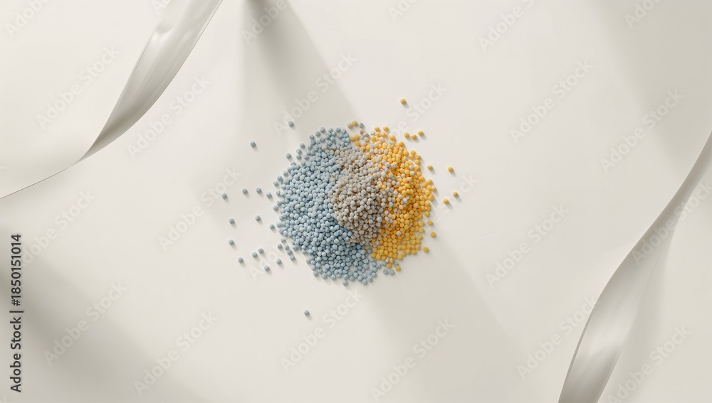 Fototapeta premium Polymeric plastic granules with colored dyes in grey, light blue, and yellow, intended for injection molding applications