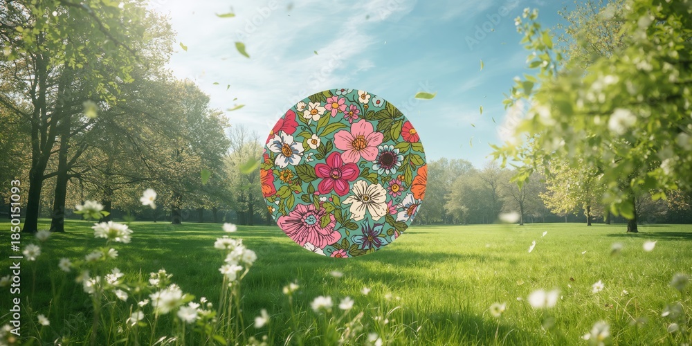 Naklejka premium Nature scene showcasing dense greenery and foliage as a backdrop for colorful floral motifs, ideal for botanical illustrations