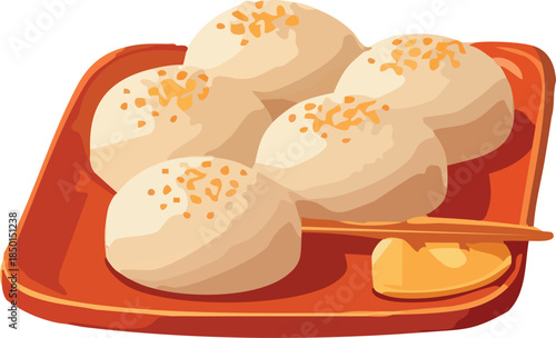 A stylized illustration shows soft steamed buns sprinkled with sesame seeds arranged on a red tray alongside a small dish of honey or syrup.