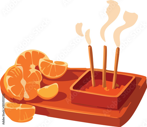 A stylized illustration shows sliced oranges beside a small incense holder with smoking sticks on a warm-toned tray against a dark background.