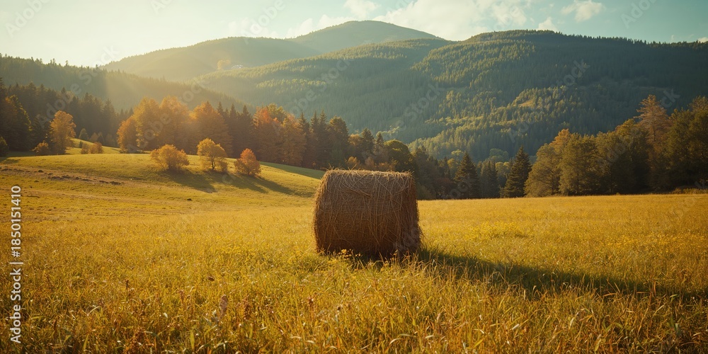 Naklejka premium Haystack in a rural mountain setting beneath a warm autumn sun, highlighting traditional farming methods