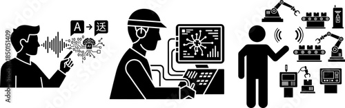 Black silhouette icons of A I voice translation, computer programming, and automated factory production