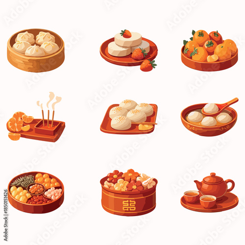 A collection of festive illustrated Chinese New Year foods and treats arranged as separate icons on , featuring traditional desserts, fruits, tea, and celebratory dishes.