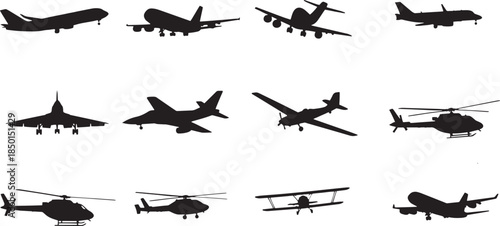 Comprehensive silhouette collection showcasing a wide array of aircraft and aviation vehicles, including airplanes, jets, and helicopters for graphic design elements