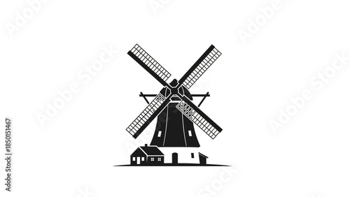 Classic Dutch windmill silhouette with small house illustration.
