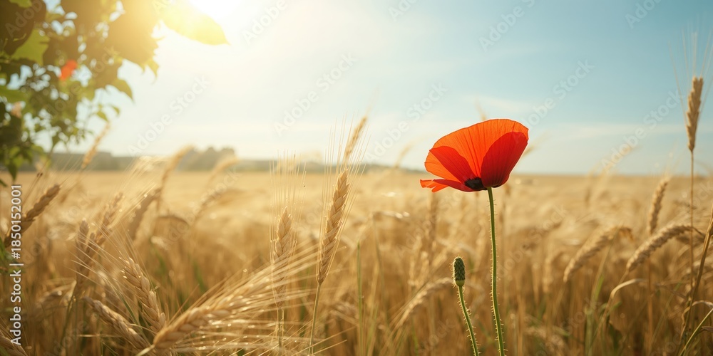 Obraz premium Summer scene with a red poppy flower amid a field of ripe rye, ideal for landscape and floral layouts