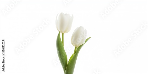 White tulips on a plain background used for floral design layouts, simplicity and elegance