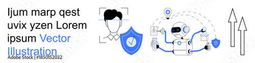 AI security, digital identity, facial recognition, data protection, technological advancements, automation. Illustration of AI robot, face scanning shield arrows. AI security and digital identity