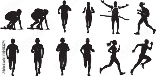 Energetic Silhouettes of Diverse Runners in Motion, Capturing Various Stages of Athletic Pursuit and Dynamic Racing Action