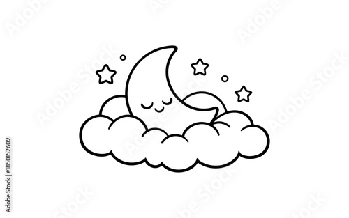 Cute crescent moon sleeping on clouds with stars in a simple line art style