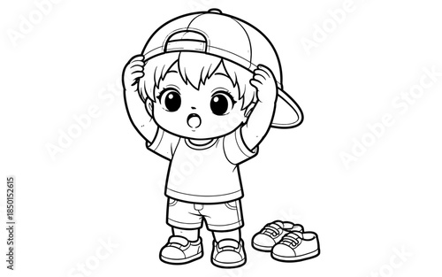 Cute cartoon boy putting on a baseball cap with a surprised expression