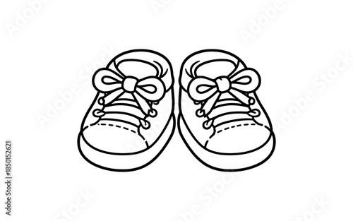 Cute cartoon baby sneakers with laces and bows, black and white line art