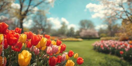 Fototapeta Naklejka Na Ścianę i Meble -  Tulips blooming in a summer landscape, vibrant floral scene for background or design