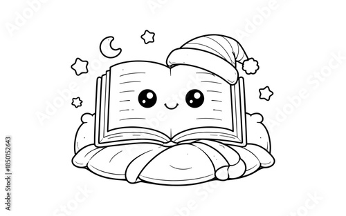 Cute open book character wearing a sleeping cap, ready for bedtime stories
