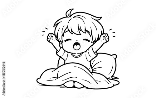 Cute anime child yawning and stretching in bed with a blanket and pillow