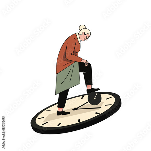 Elderly woman stands on a clock face, symbolizing the passage of time and aging with a sense of weariness.