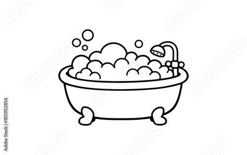 Cute cartoon bathtub overflowing with bubbles and a shower head