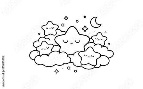 Cute cartoon stars sleeping peacefully on fluffy clouds under the night sky