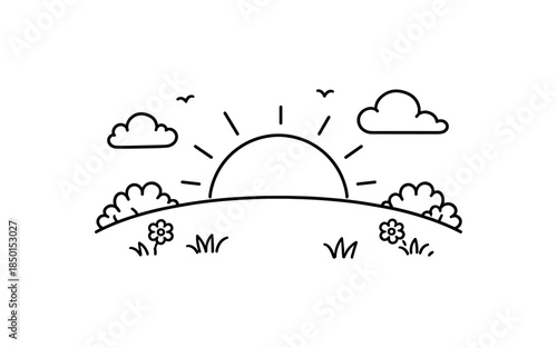 Simple line drawing of a sunrise over rolling hills with clouds and birds