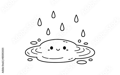 Cute cartoon puddle character with raindrops falling on it