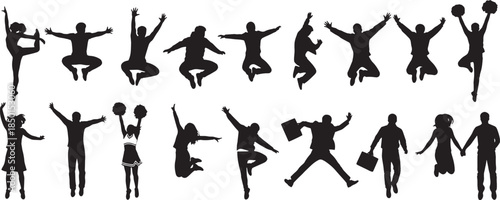 Dynamic Silhouettes Capturing Moments of Pure Happiness and Unbridled Joy, Illustrating Success and Energetic Freedom for Diverse Individuals in a Celebratory Display