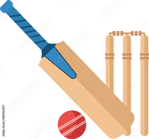 Flat Vector Illustration of Cricket Equipment Set Including Wooden Bat Red Ball and Stumps