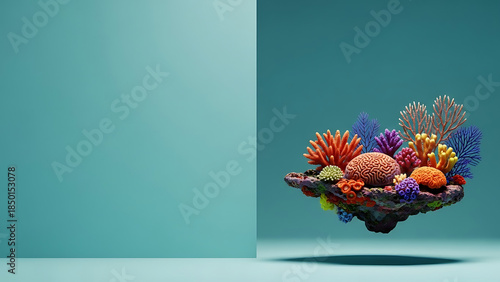 Vibrant artificial coral reef display floating against a clean two-tone teal background, showcasing diverse marine life colors.