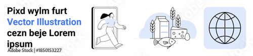 Digital trends, food sustainability, global trade, e-commerce, healthy living, communication. Person exiting a screen, food items globe icon. Digital trends and food sustainability concept