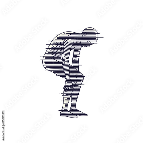 Abstract glitch art illustration of a person hunched over, conveying feelings of exhaustion, stress, or emotional distress.