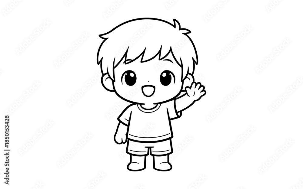 Obraz premium Cute cartoon boy waving hello with a happy expression, black and white line art